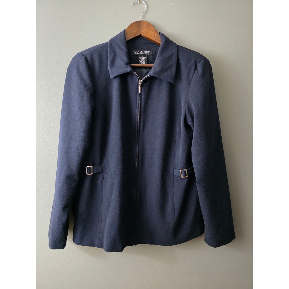 Dialogue Navy Blue Zip Up Jacket Size 6 Y2K Buckle Detail Pockets Stretch